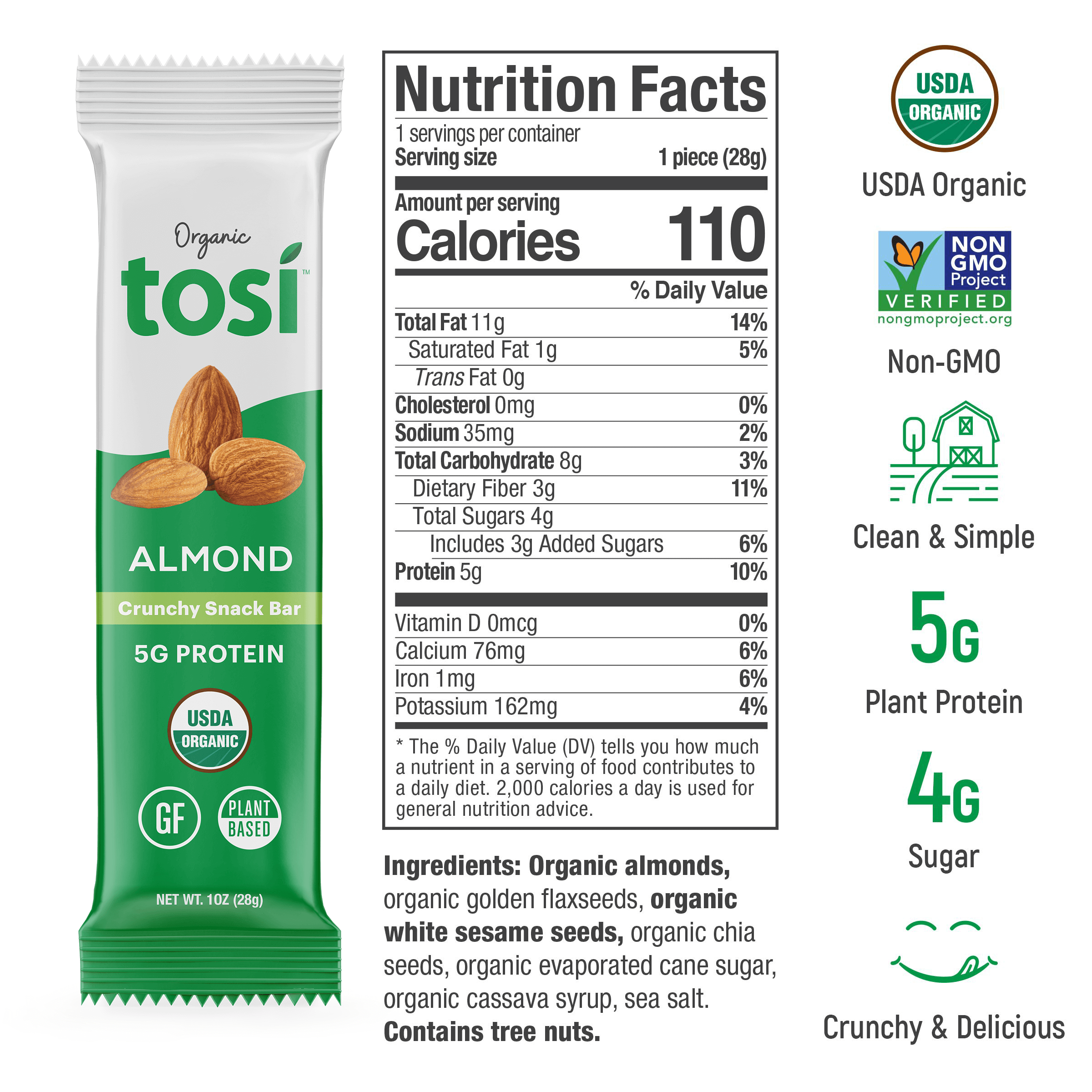 Tosi Plant Based Protein Bars Nut Bars 12 Pack Almond Lovers Vegan Snacks Crunchy Snack